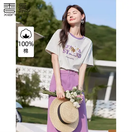 香影纯棉t恤女短袖2023夏装新款设计感宽松字母卡通印花圆领上衣商品大图