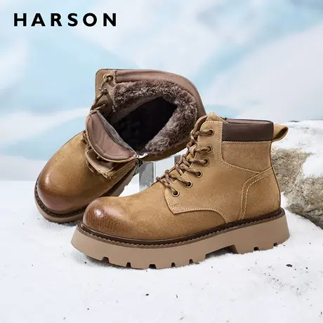 哈森冬季马丁靴男款厚底加绒户外靴子工装高帮休闲棉鞋男保暖短靴商品大图