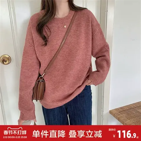 唐狮秋冬季毛衣女简约风净色花纱圆领套头慵懒风高级感好看商品大图