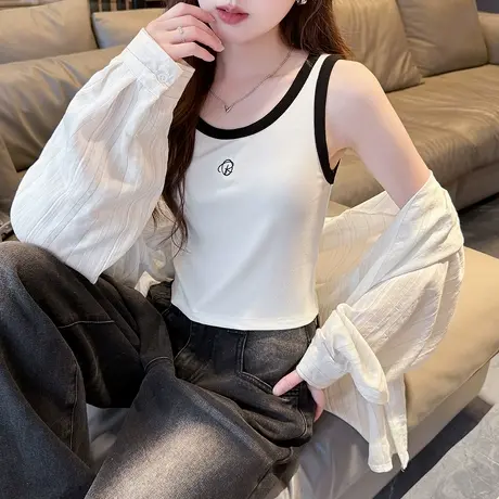 唐狮夏季新款吊带背心女白色无袖内搭撞色针织外穿韩系上衣h1TD图片
