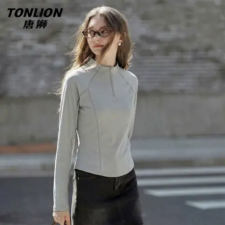 唐狮官方灰色速干长袖t恤女春秋2026新款女士修身显瘦运动上衣VB图片