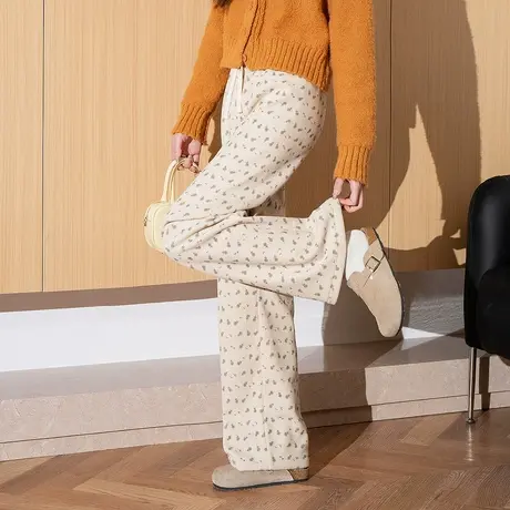 唐狮秋冬季新款休闲裤女碎花加绒灯芯绒直筒宽松百搭阔腿裤子WTD图片