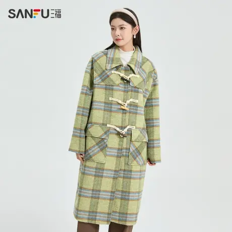 三福毛呢外套秋冬季高级感2023牛角扣长款格子呢子大衣女装475819图片