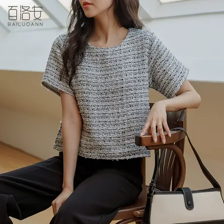 百洛安气质圆领上衣女2023夏法式小香风宽松百搭短袖套头衬衣T恤图片
