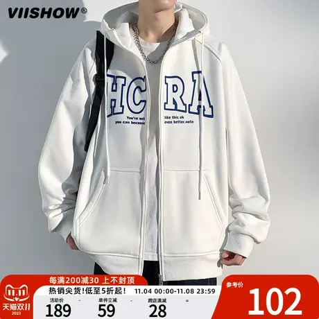 VIISHOW国潮秋冬季连帽卫衣嘻哈三色大LOGO拉链开衫宽松休闲上衣商品大图