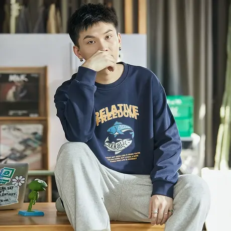 唐狮圆领卫衣男士春秋季衣服大图案印花无帽衫上衣美式外套男潮牌商品大图