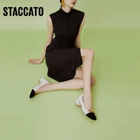 思加图新款复古方头撞色通勤一脚蹬粗跟单鞋女鞋A2166AQ2图片