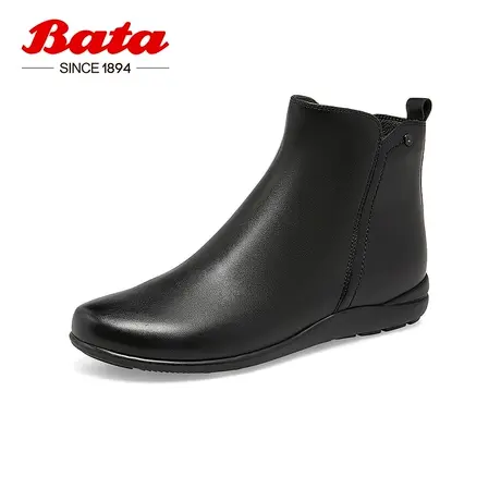 奥莱Bata时装靴女秋商场新款百搭平底羊皮弹力通勤短筒靴AWM56CD2图片