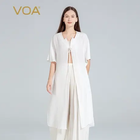 VOA真丝提花雪白异形领插肩袖系带门襟侧边开叉设计宽松袍式风衣图片