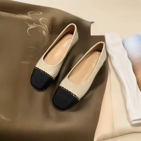 真皮小香风法式单鞋女2023秋季拼色软底方头奶奶鞋瓢鞋豆豆鞋商品大图