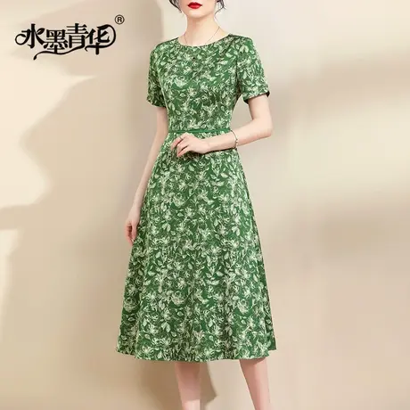 水墨青华2024夏季新款百搭显瘦印花裙时尚中长款缎面短袖连衣裙女商品大图