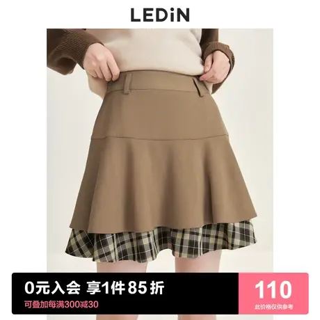 乐町新品学院风半身裙2023春季新款A字裙格纹卡其色拼接短裙半裙图片