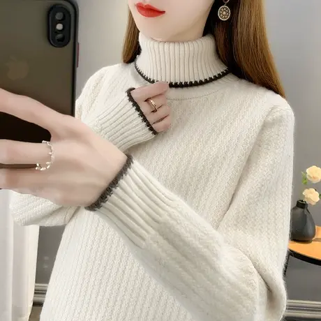 53152新款韩版宽松高领纯色针织衫套头加厚毛衣女长袖百搭上衣商品大图