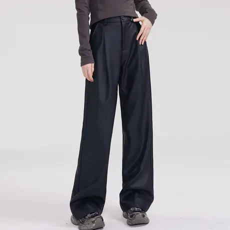 尔给黑色高腰高级感皮裤女秋冬2023新款裤子小个子直筒宽松阔腿裤商品大图