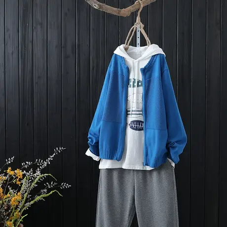 针织开衫秋季新款女装文艺范拉链针织衫短外套春秋圆领长袖上衣女图片