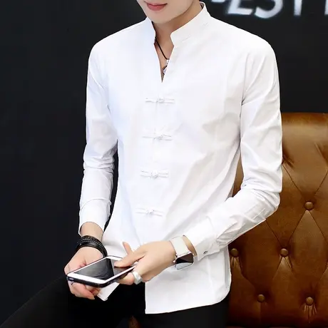 男士中国风长袖衬衫立领复古盘扣夏装短袖上衣唐装民族风秋季衬衣商品大图