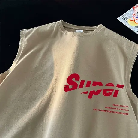 无袖t恤男夏季薄款港风宽松运动健身坎肩青少年潮牌印花纯棉背心商品大图