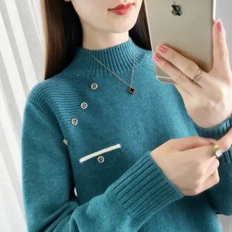 半高领套头毛衣女士宽松外穿秋冬2023年新款洋气内搭针织打底衫厚商品大图