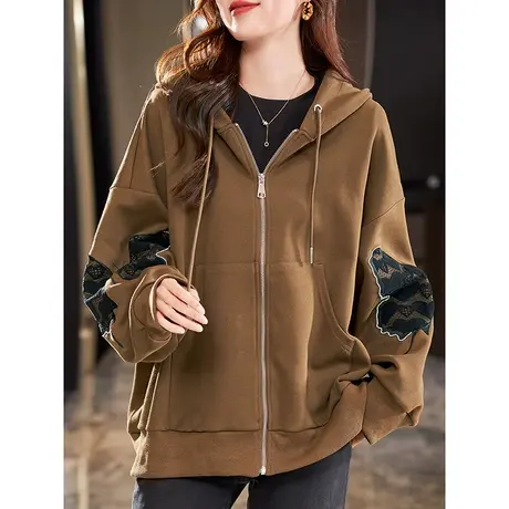 宝诗黎蕾丝拼接连帽拉链卫衣女2024春季新款落肩长袖棉质口袋外套商品大图