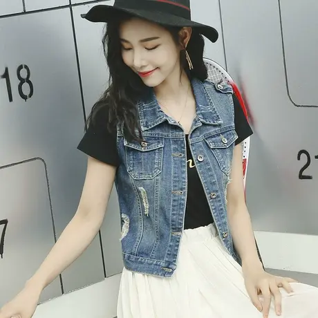 牛仔马甲女短款修身韩版夏新款春秋无袖外套背心破洞肩章大码马夹商品大图