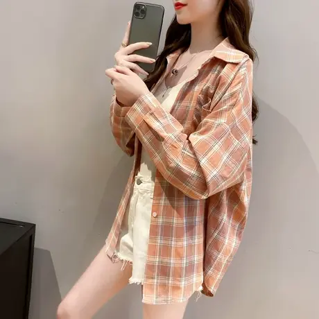 百搭2023春秋chic小清新雏菊格子衬衫宽松中长款上衣薄外套女潮商品大图