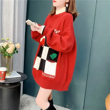 设计感克莱因蓝半高领毛衣女秋冬2021年新款中长款宽松打底针织衫商品大图