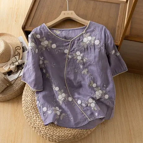 享永子短袖重工刺绣苎麻上衣女文艺复古宽松显瘦设计感2024夏新款图片