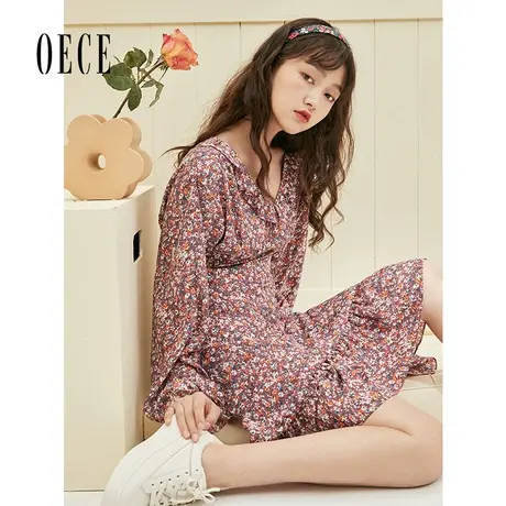 Oece秋装女装碎花复古裙子法式花边V领长袖连衣裙图片