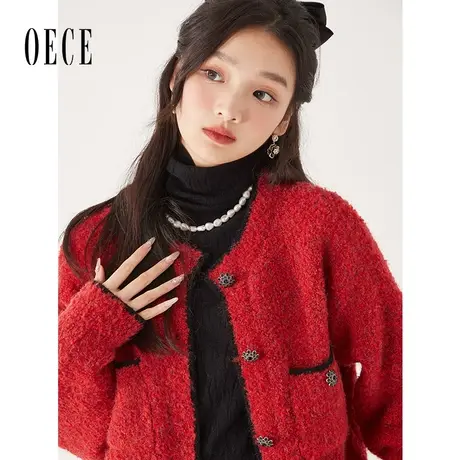 Oece软糯针织开衫2022秋冬季新款女装复古气质设计感毛衣外套女商品大图