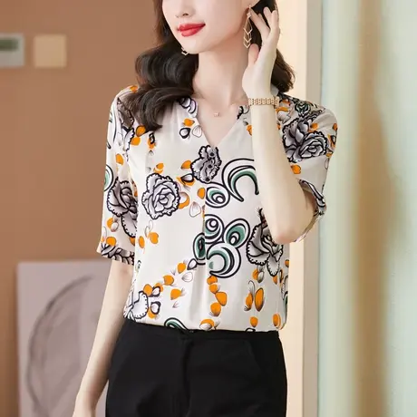 2023新款短袖印花真丝衬衫女设计感小众衬衣上衣女重磅桑蚕丝小衫图片