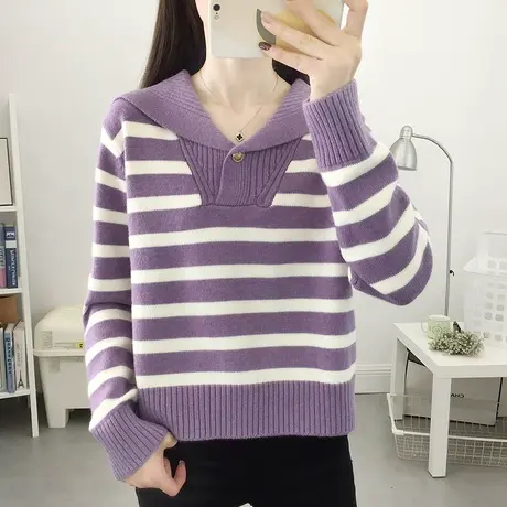 时尚洋气海军领学院风减龄针织套头毛衣2023秋冬新款宽松百搭上衣图片