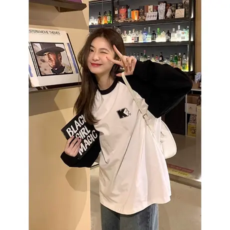 美式复古黑白拼接插肩T恤女秋冬oversize长袖打底衫宽松内搭上衣商品大图