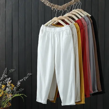 新款女装复古文艺显瘦薄款棉麻休闲裤松紧腰宽松百搭九分哈伦裤子商品大图