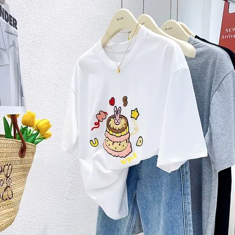 ins奶呼呼甜美蛋糕兔子短袖上衣2023韩国东大门刺绣白色纯棉T恤女商品大图