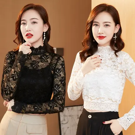蕾丝打底衫女2022新款秋冬镂空半高领防走光冬季长袖洋气内搭上衣商品大图