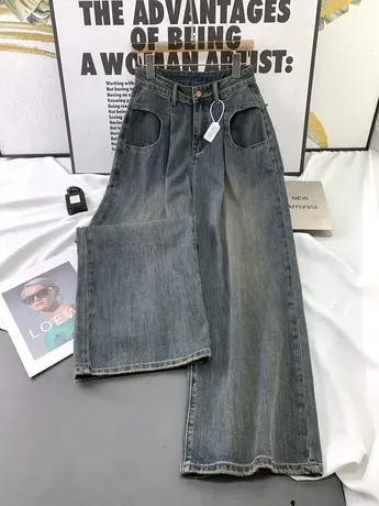 复古磨白韩版牛仔阔腿裤女2023秋季新款显瘦百搭高腰裤宽松男友裤商品大图