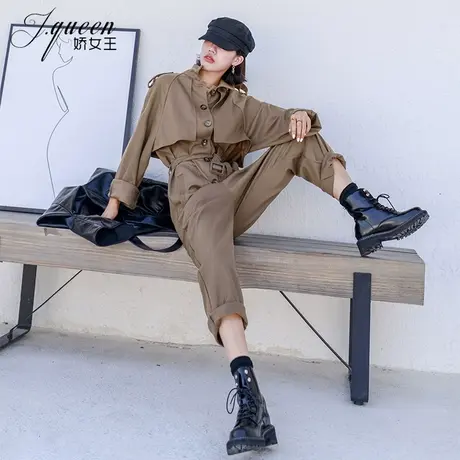 工装连体裤女秋季时髦港风复古高腰休闲裤子斗篷小众设计感连衣裤商品大图