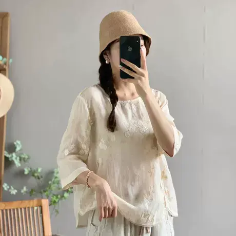 dza 文艺复古休闲风100%苎麻重工刺绣新中式套头女士薄款棉麻上衣商品大图