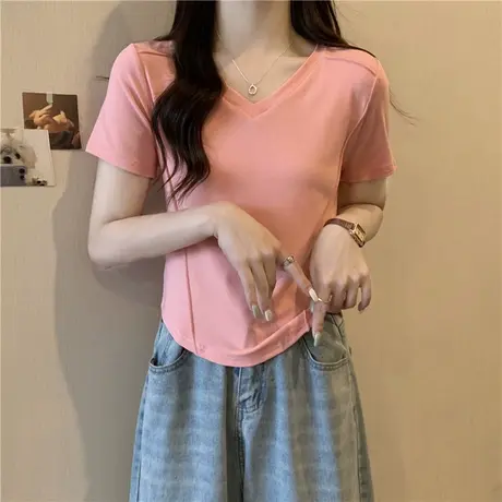 弧形下摆短袖T恤女夏季2024新款修身短款半袖上衣服打底小衫潮ins商品大图