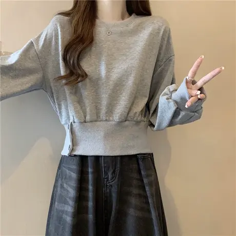 小个子短款收腰长袖卫衣女2024新款春秋季薄款宽松无帽上衣外套潮商品大图