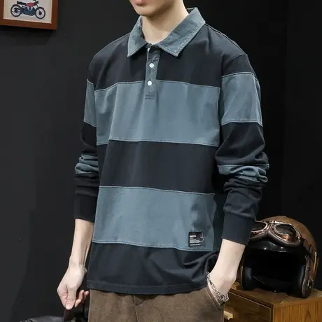 长袖t恤男春季2024新款纯棉潮牌宽松大码内搭条纹男士POLO领春秋商品大图