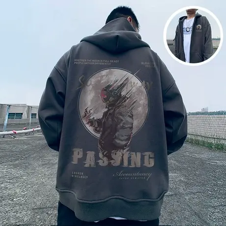 nasa宇航员春秋季宽松加肥加大码连帽加绒拉链开衫胖子卫衣男外套商品大图