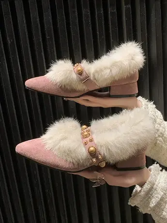 尖头粗跟毛毛鞋女2023秋冬新款韩版百搭加绒外穿豆豆鞋网红单鞋潮商品大图