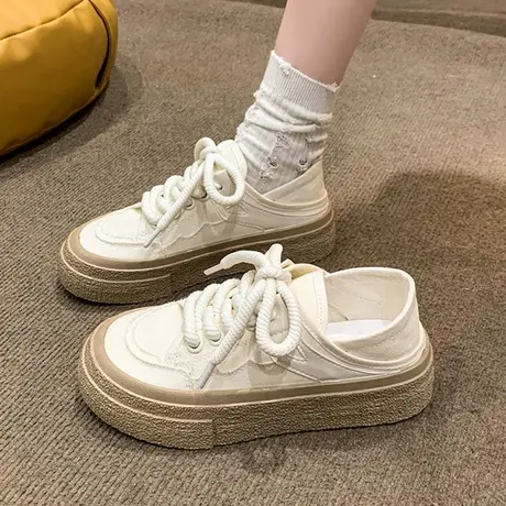 后跟可踩半拖帆布鞋女2023夏季新款小众原创百搭小白鞋配裙子女鞋商品大图