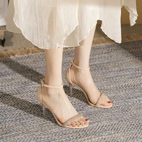 一字扣带设计感凉鞋2024年夏季新款法式气质水钻性感高跟鞋女细跟图片