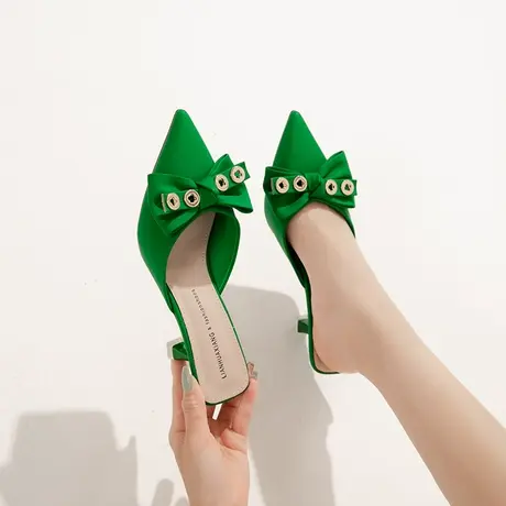 尖头金属蝴蝶结高跟鞋女细跟2022年季新款性感包头气质百搭半拖鞋图片