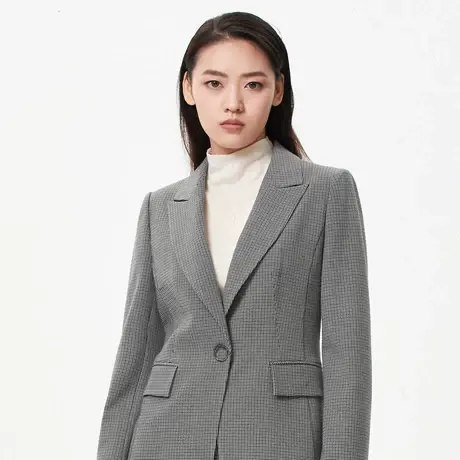 朗姿 法式通勤风一粒扣戗驳领格纹长袖女士西装秋季商场同款奥莱图片