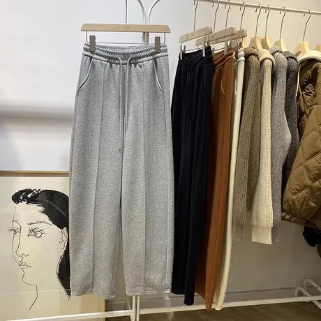 抽绳松紧高腰运动直筒裤女秋冬宽松显瘦加厚加绒休闲阔腿长裤潮商品大图