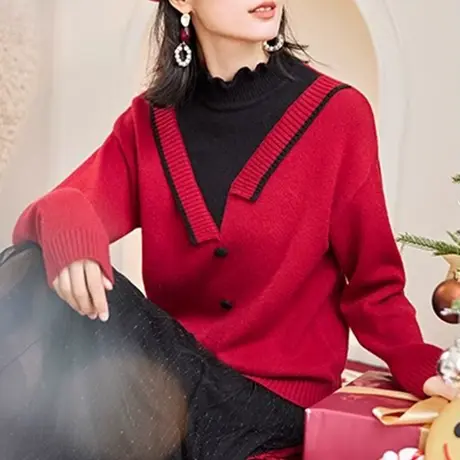 伊自尚2024新款韩版胖mm假两件半高领打底针织衫春季内搭大码上衣商品大图