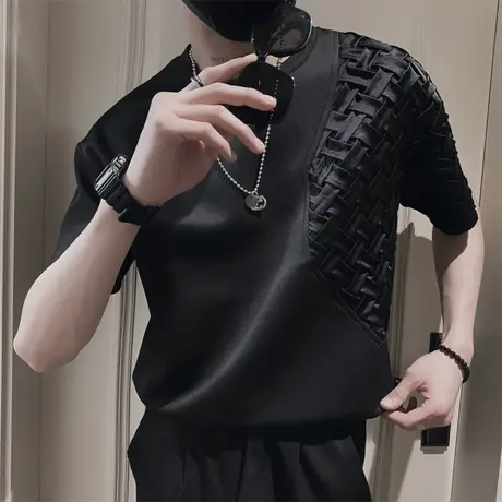 夏季短袖t恤男新款潮流拼接设计小众休闲潮男宽松个性半袖上衣T恤商品大图